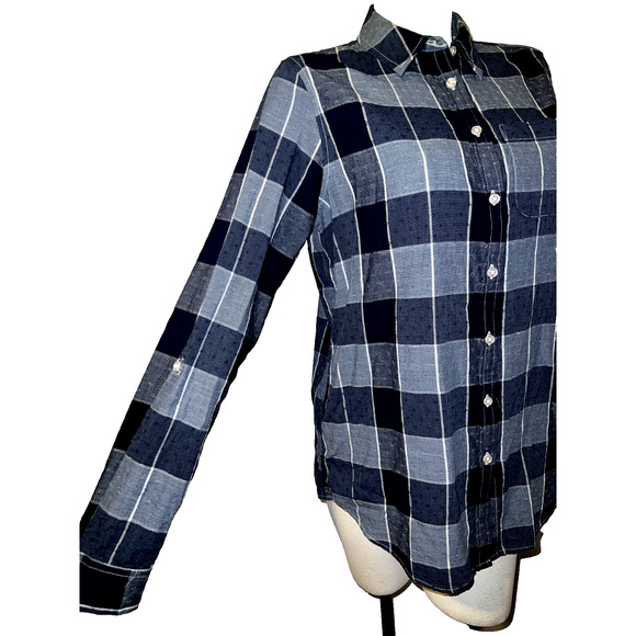 LANDS' END Top Women's Size S/T 6-8 Navy Blue Plaid Textured Roll Tab Slv Shirt - Picture 5 of 8
